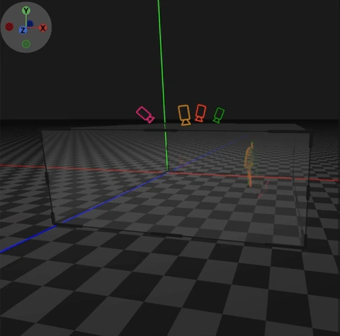 A fused point cloud seen in 3D, with the depth sensors' view frustums